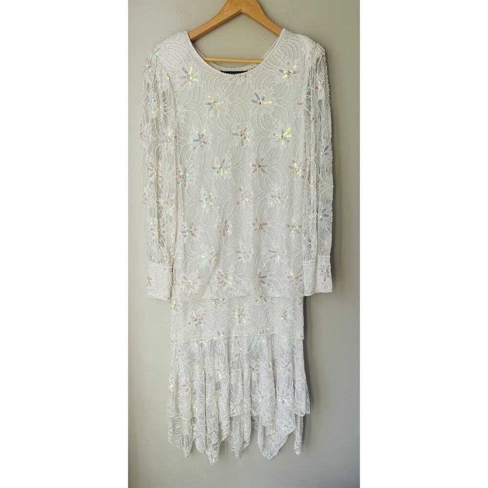 VTG Megere White Sequin Beaded Dress M Long Sleeve Ruffle Hem Formal Wedding